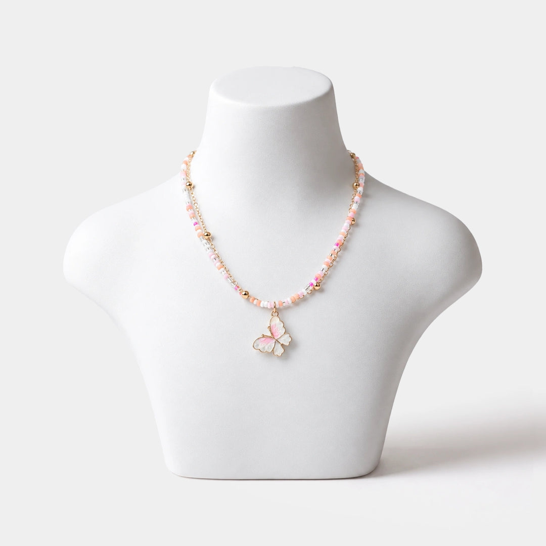 2-in-1 Chain Beads White Butterfly Pendant Necklace