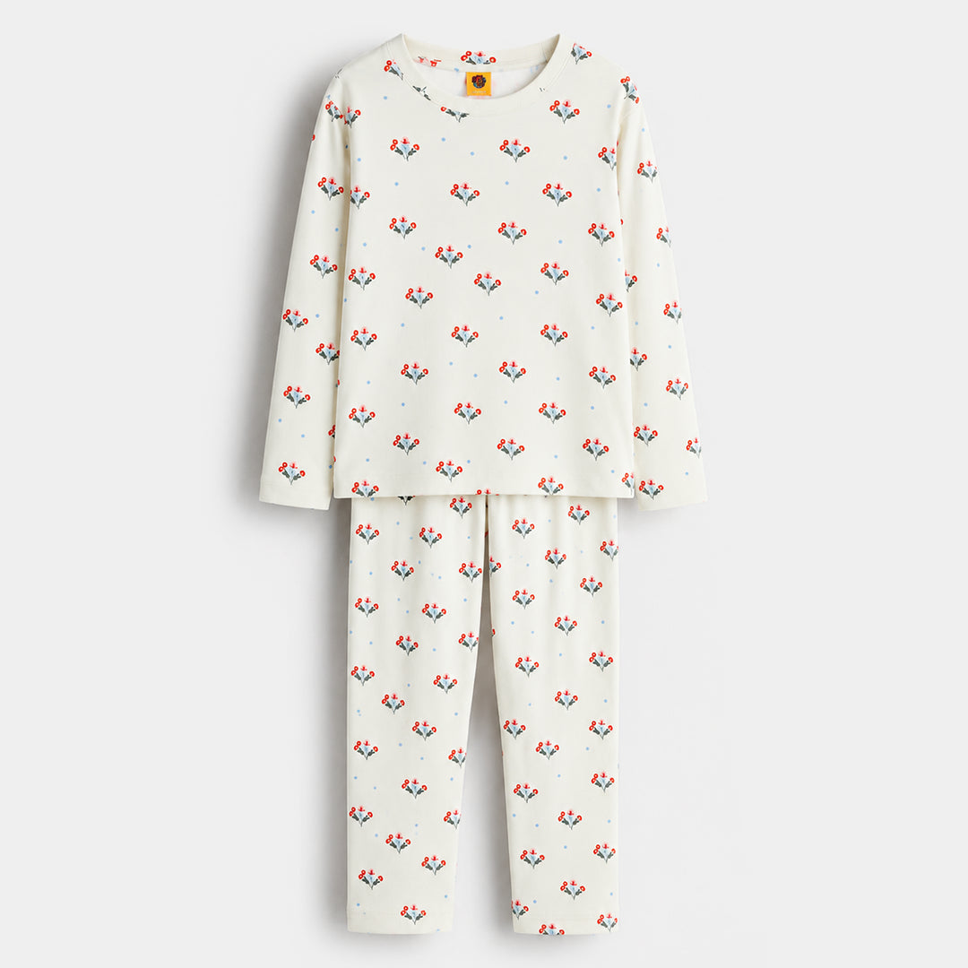 Girls PC Jersey Night Suit Floral Repeat 2-Green