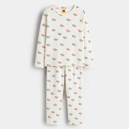 Girls PC Jersey Night Suit Floral Repeat 2-Green