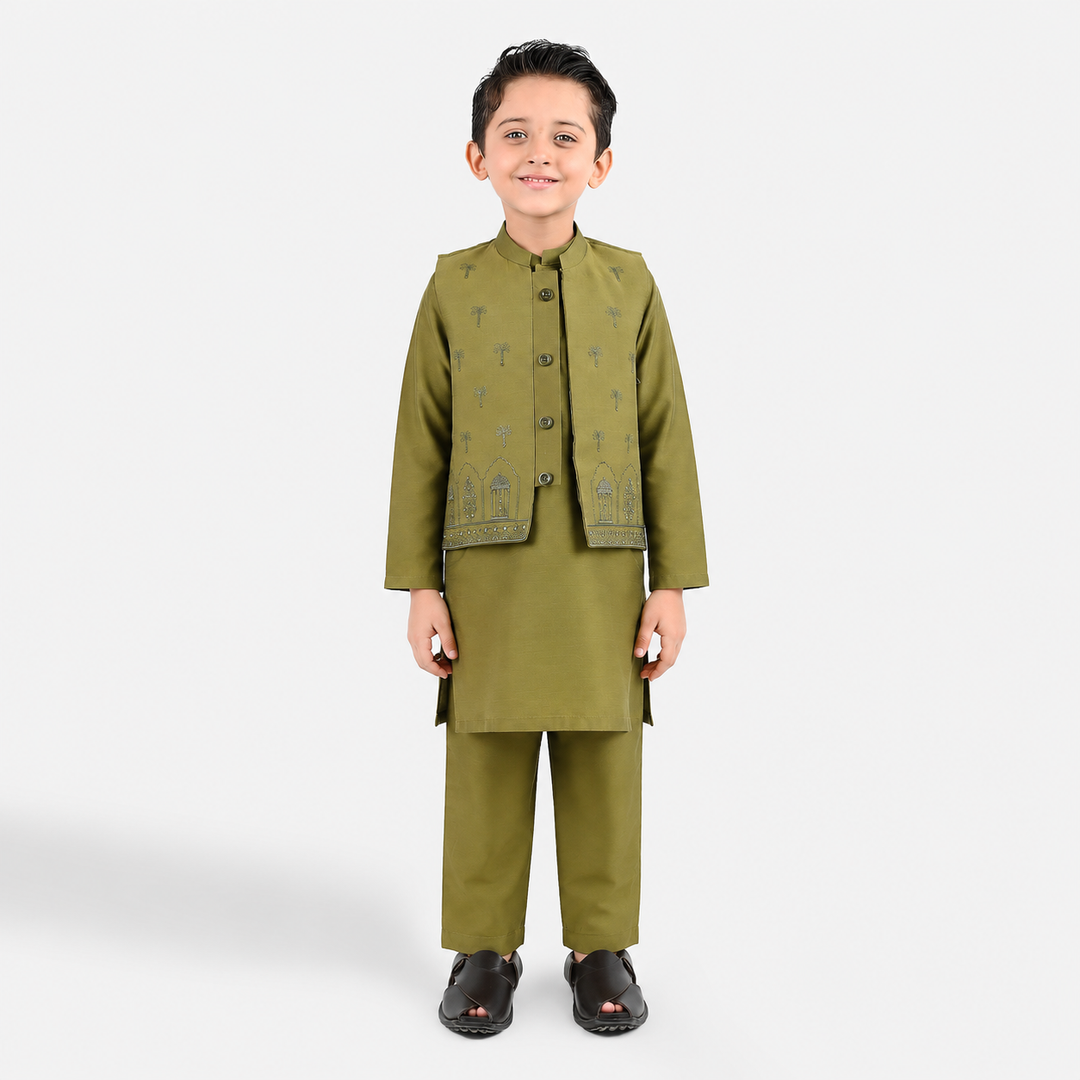 Boys Poly Cotton 3Piece Suit (Mehrab)-Green