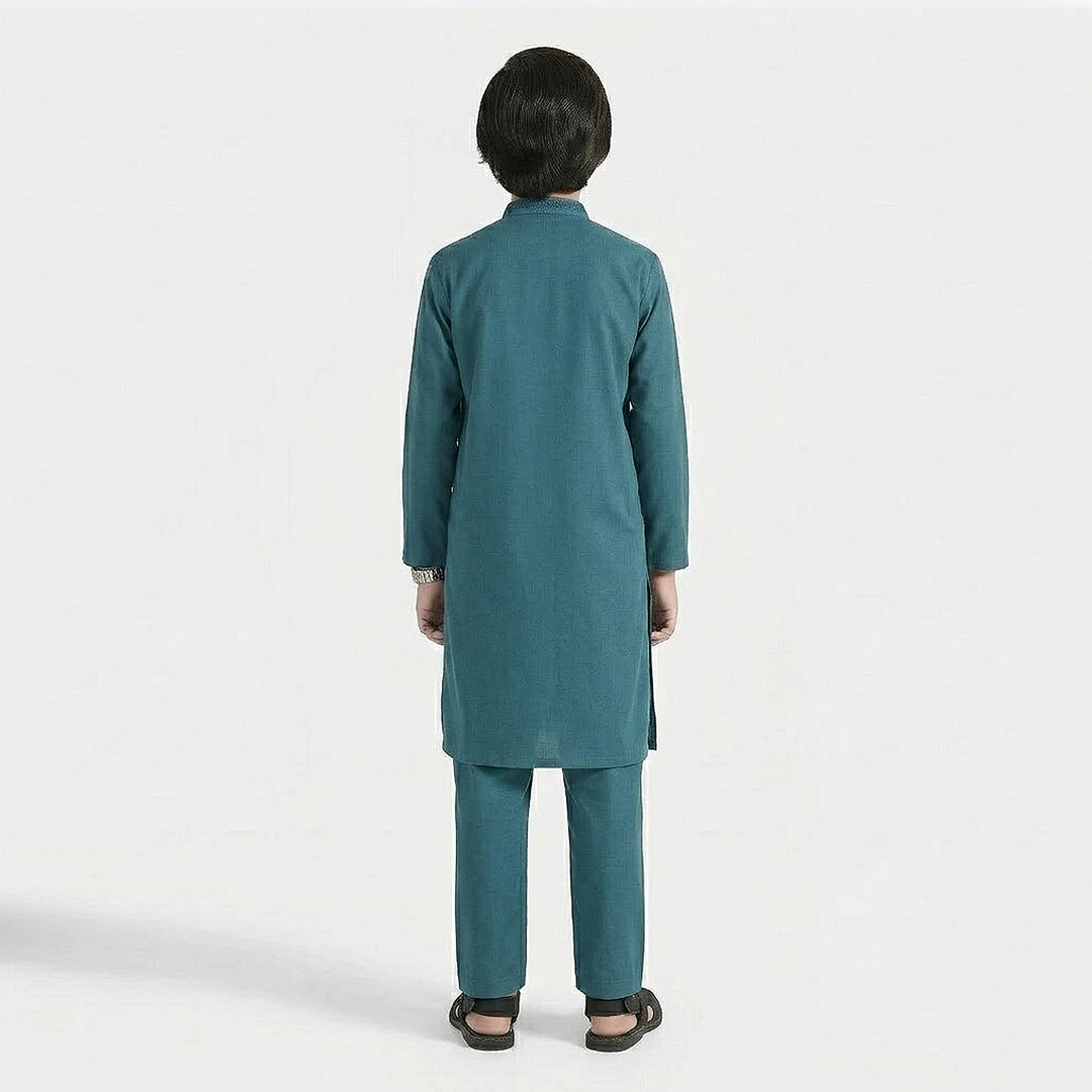 Boys Cotton Jacquard Kurta Pajama (Flora) - Teal