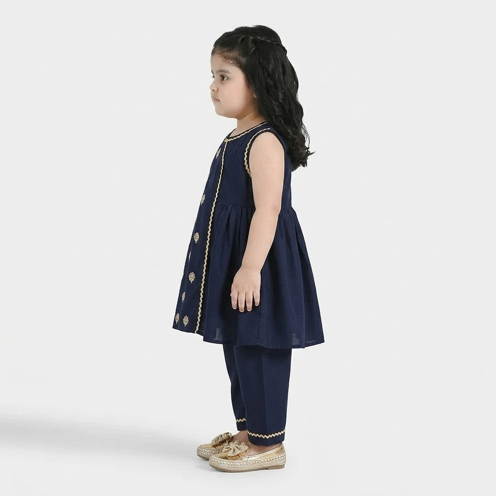 Infant Girls Embroidered Poly Cambric 2-Piece Suit (Chulbuli) - Navy