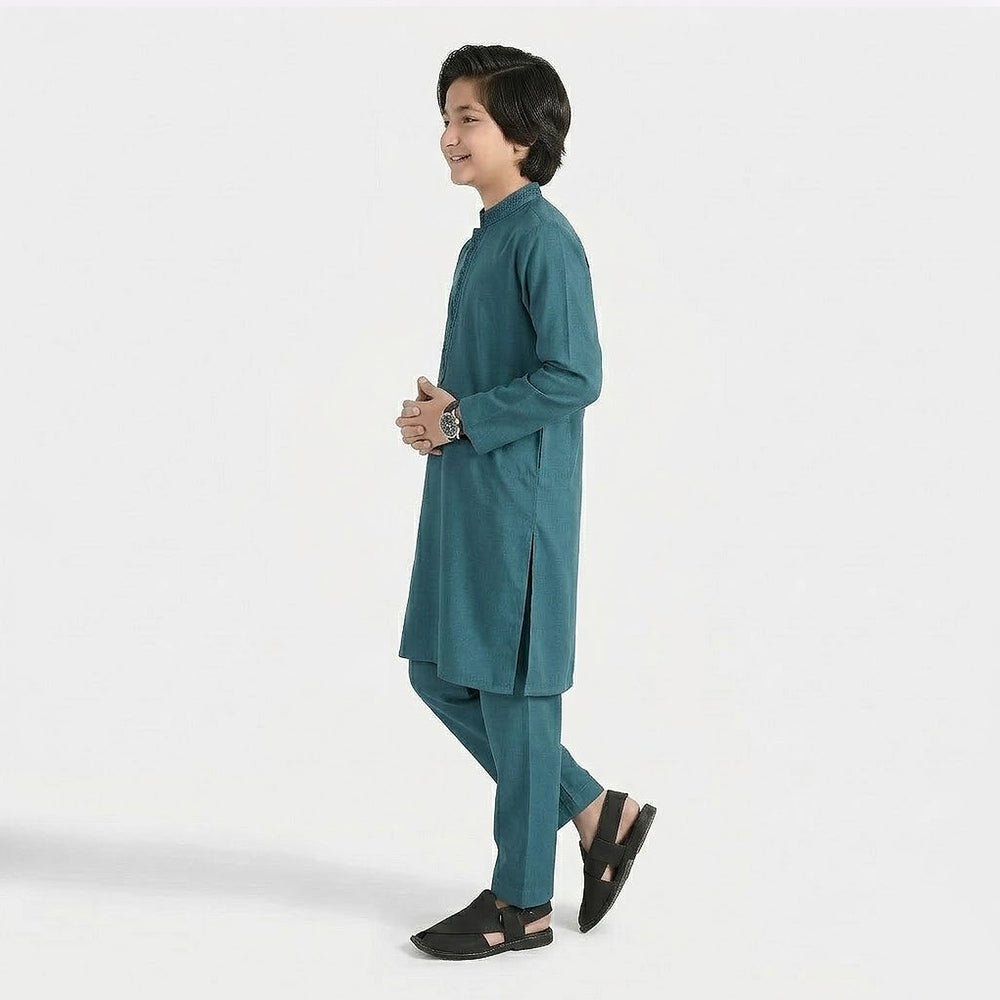 Boys Cotton Jacquard Kurta Pajama (Flora) - Teal
