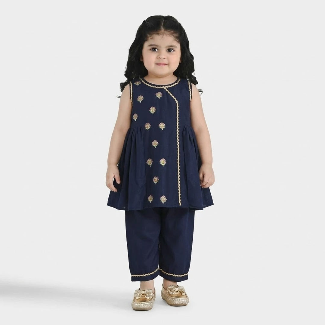 Infant Girls Embroidered Poly Cambric 2-Piece Suit (Chulbuli) - Navy