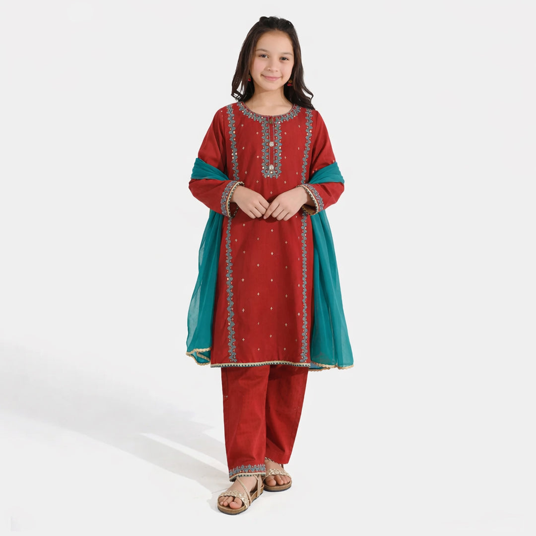Girls Raw Silk 3Pcs Naqsh-Red