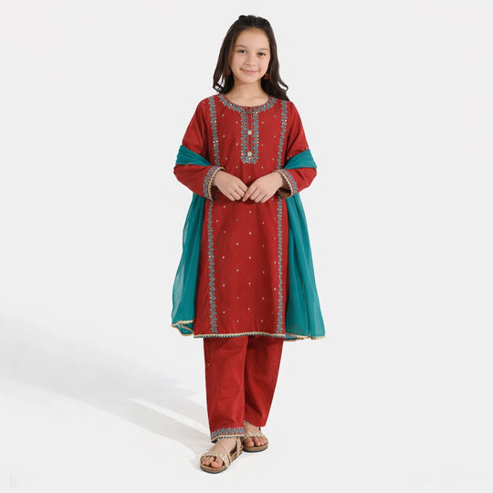 Girls Raw Silk 3Pcs Naqsh-Red