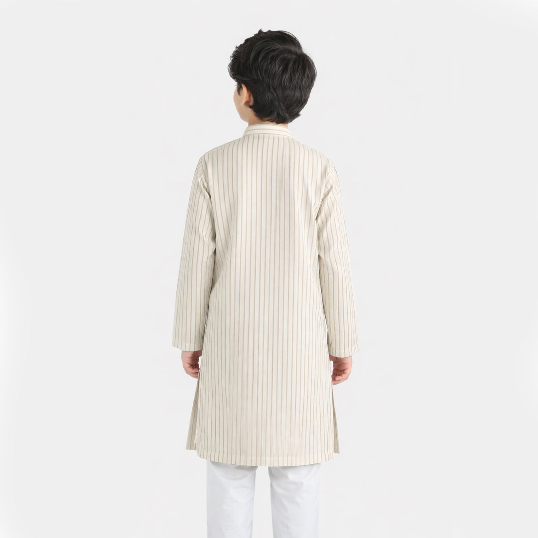 Boys Yarn Dyed Basic Kurta - White Stripe