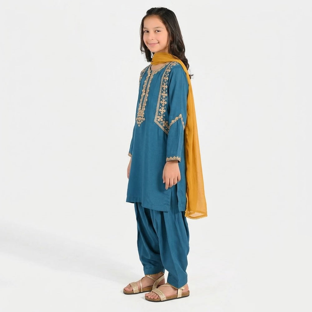 Girls Poly Cambric 3-Piece Suit (Gul) - Teal Blue