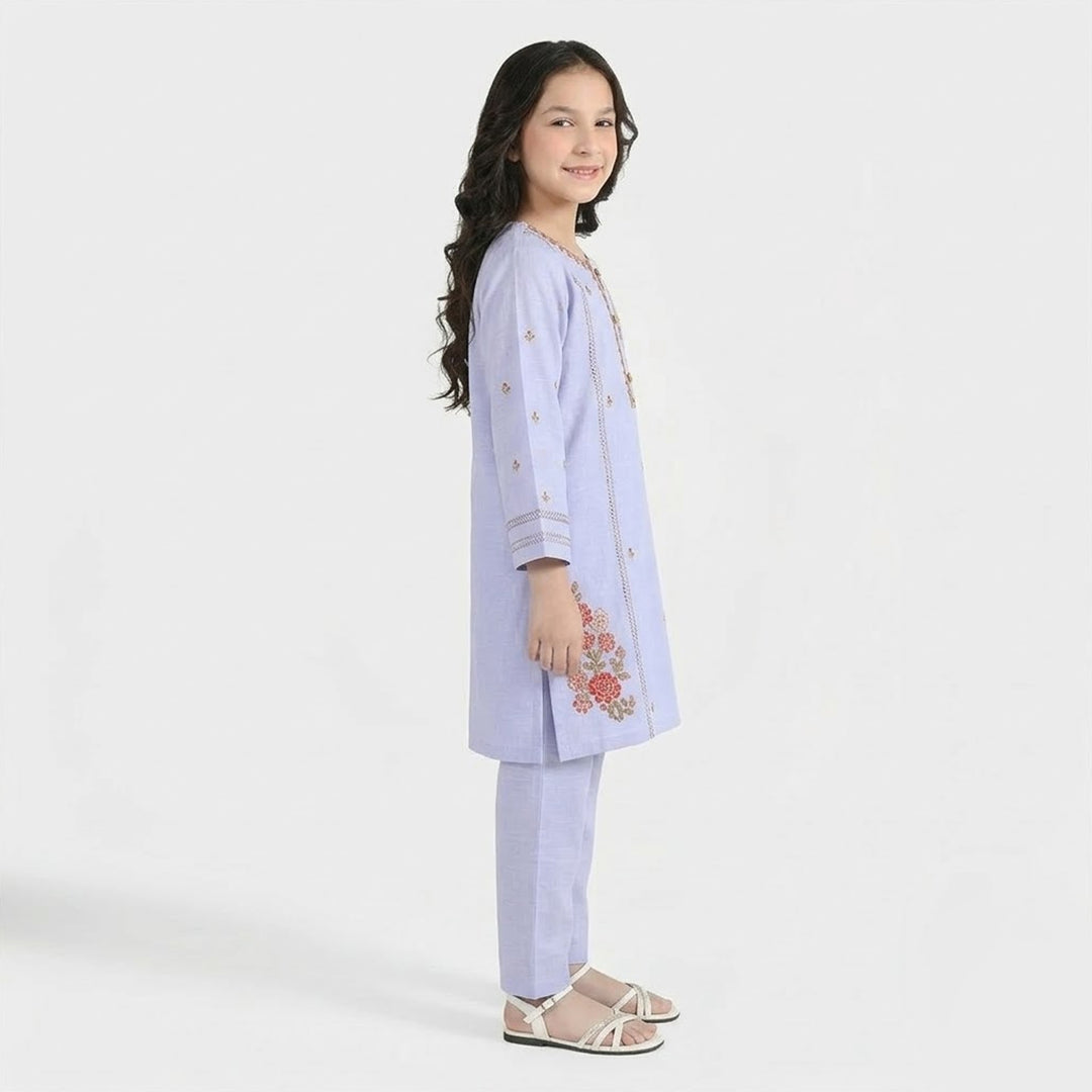Girls Cotton Slub Embroidered Suit (Nagma) - Lilac