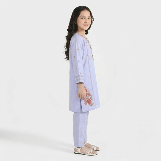 Girls Cotton Slub Embroidered Suit (Nagma) - Lilac