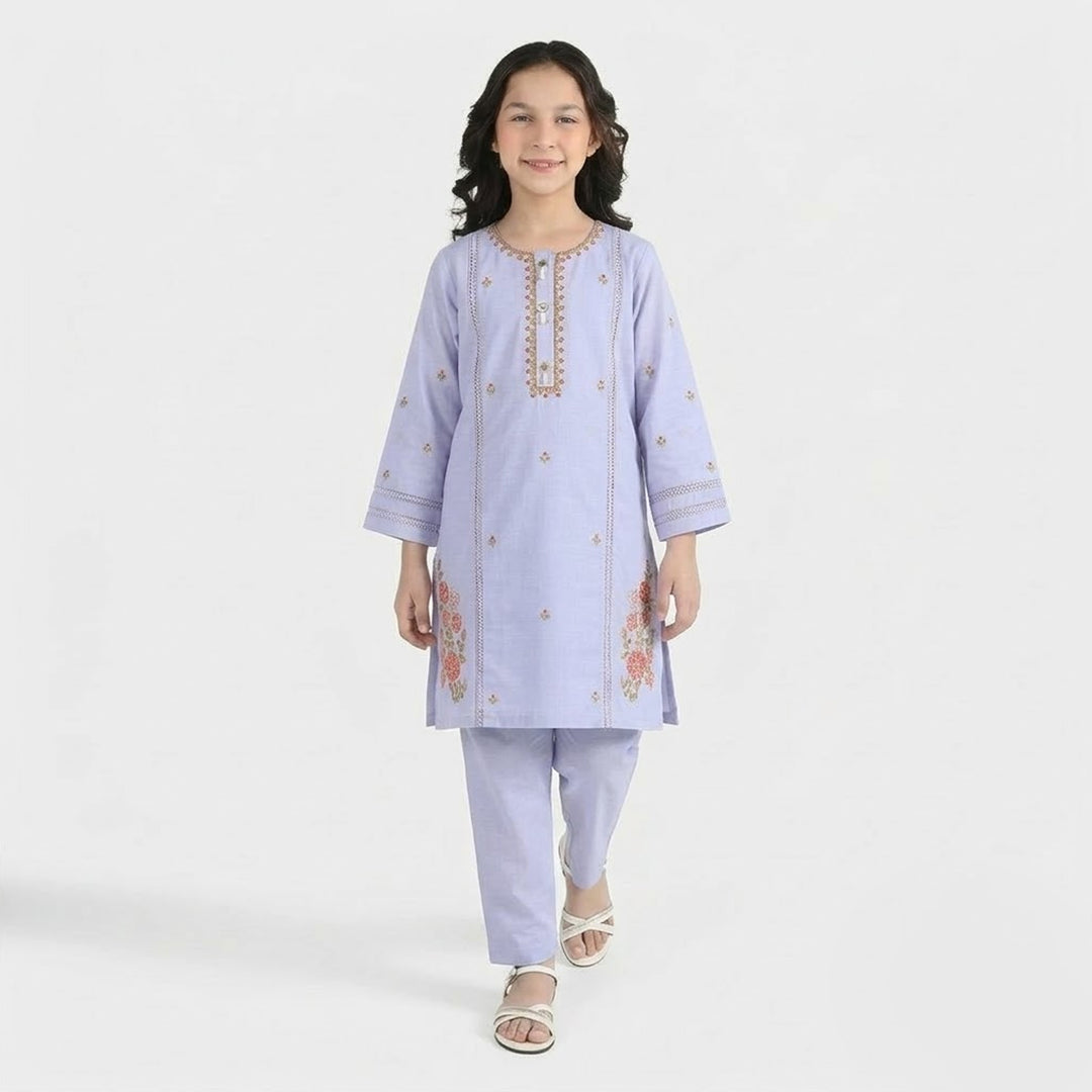 Girls Cotton Slub Embroidered Suit (Nagma) - Lilac