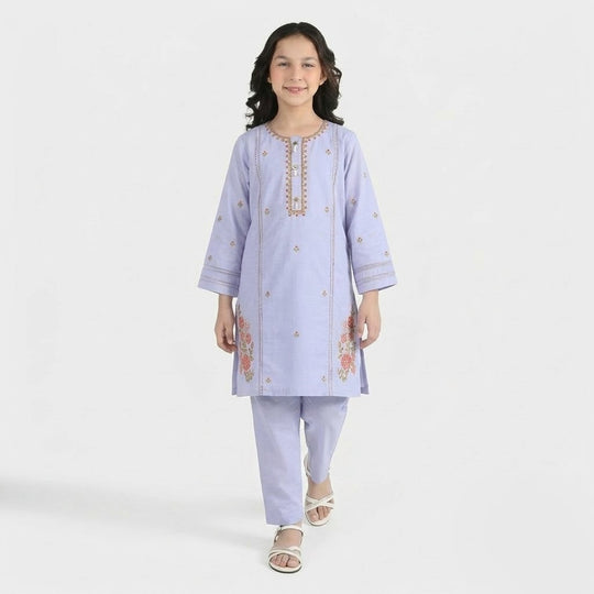 Girls Cotton Slub Embroidered Suit (Nagma) - Lilac