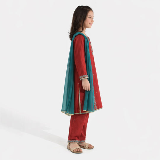 Girls Raw Silk 3Pcs Naqsh-Red