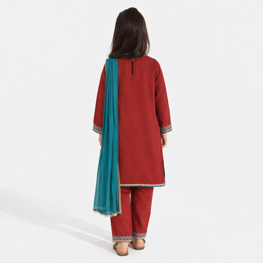 Girls Raw Silk 3Pcs Naqsh-Red