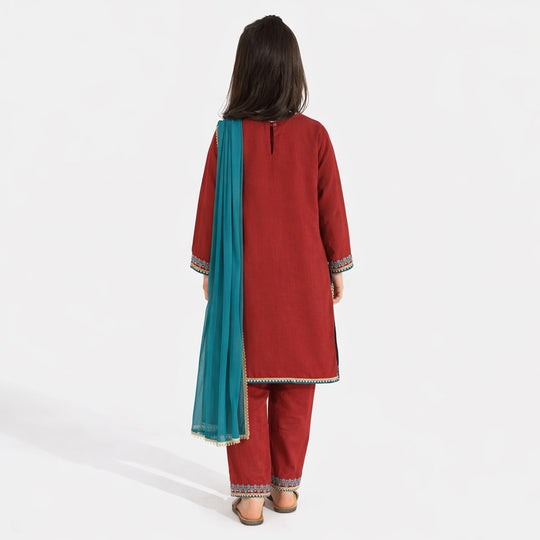 Girls Raw Silk 3Pcs Naqsh-Red