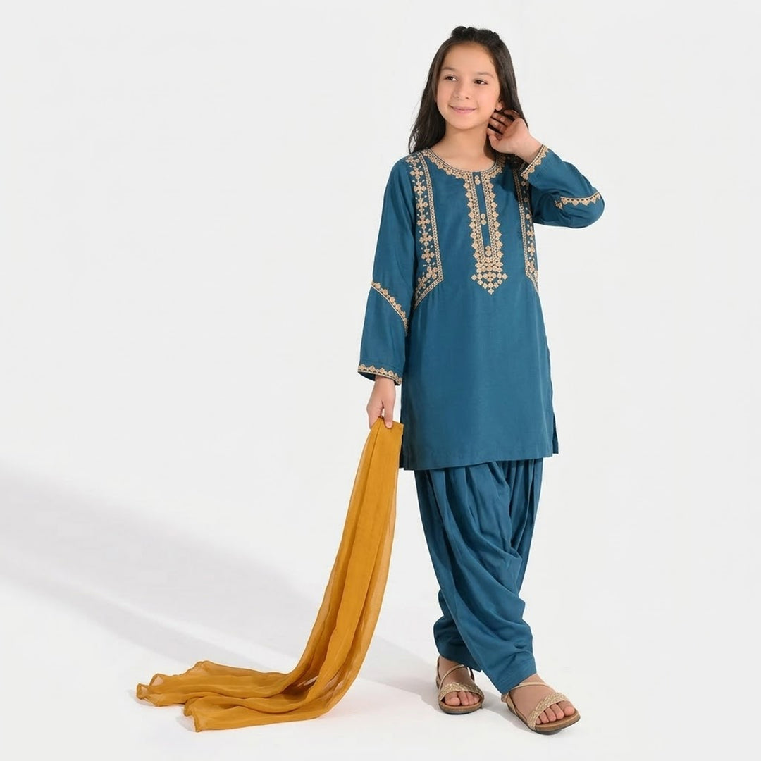Girls Poly Cambric 3-Piece Suit (Gul) - Teal Blue