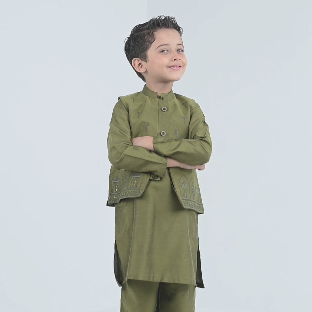 Boys Poly Cotton 3Piece Suit (Mehrab)-Green