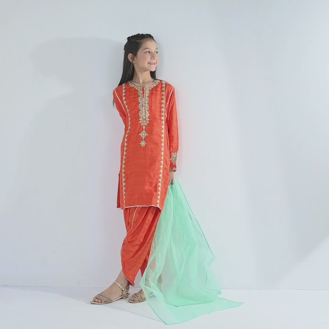 Girls Jacquard 3 Pcs Raqs - Rust