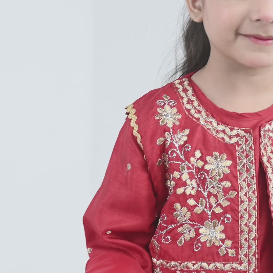 Girls Raw Silk 4Pcs Chamak Dhamak-RED
