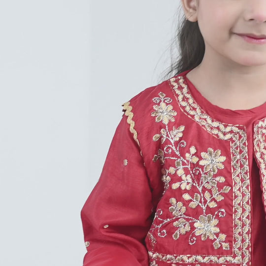Girls Raw Silk 4Pcs Chamak Dhamak-RED