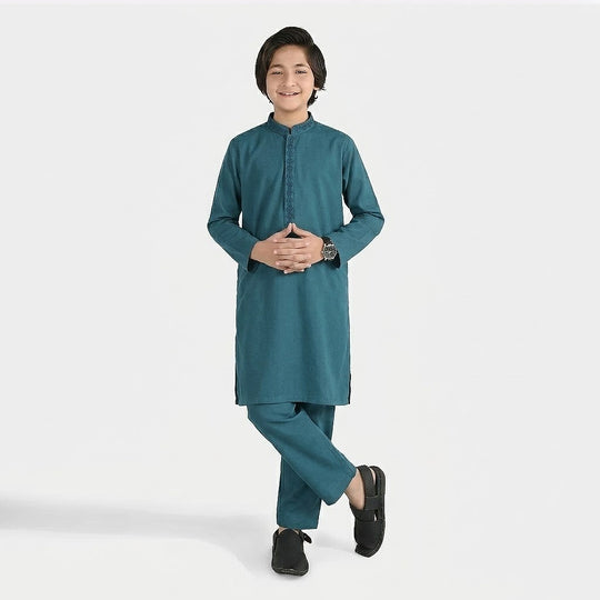 Boys Cotton Jacquard Kurta Pajama (Flora) - Teal