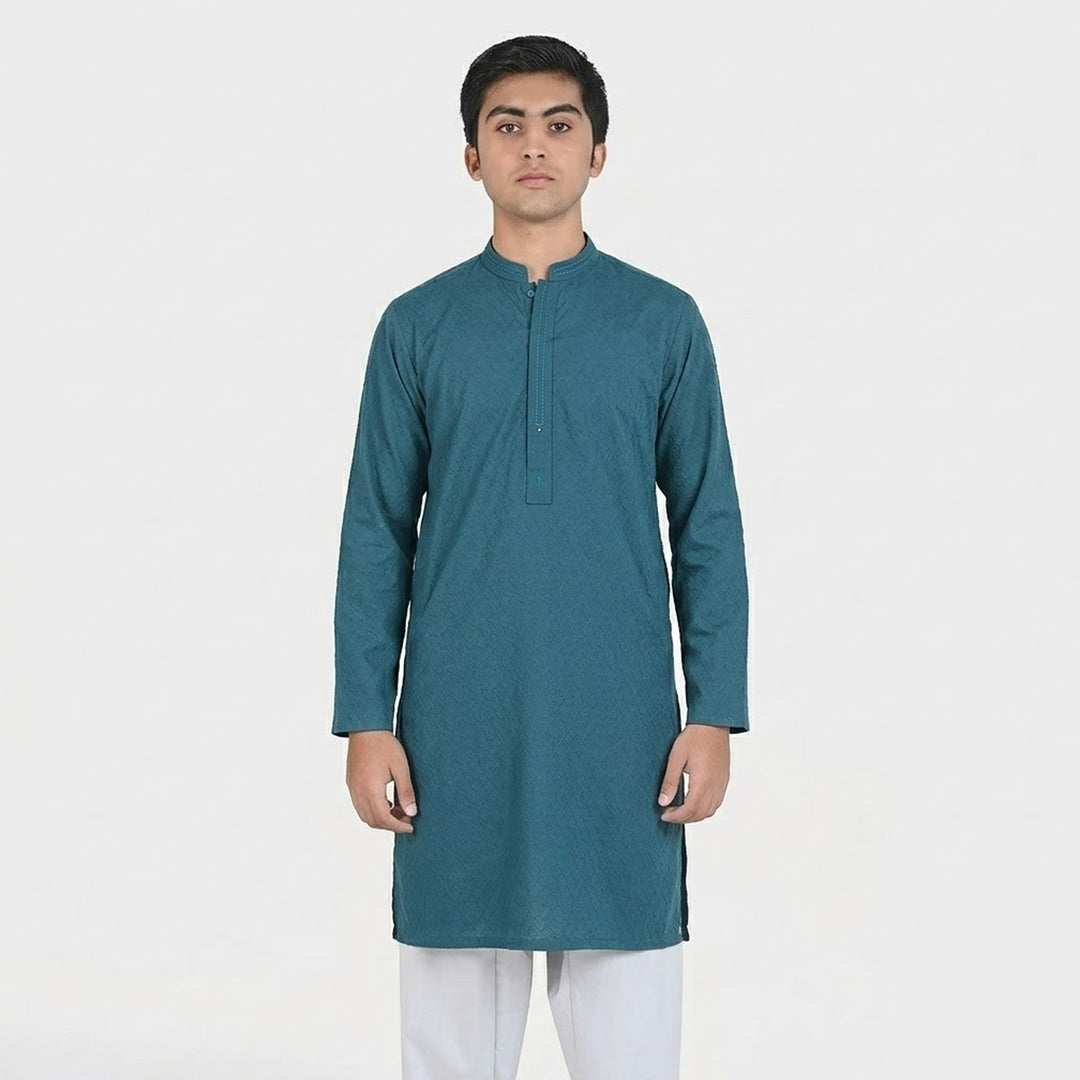 Teens Boys Cotton Jacquard Basic Kurta (Lynos) - Teal