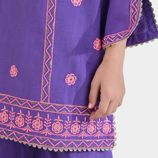 Girls Cotton Slub EMB 2PC Suit Dil Kush-Purple