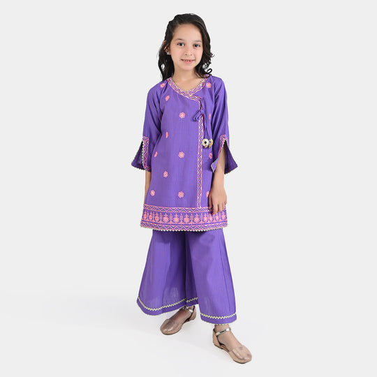 Girls Cotton Slub EMB 2PC Suit Dil Kush-Purple