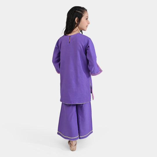 Girls Cotton Slub EMB 2PC Suit Dil Kush-Purple