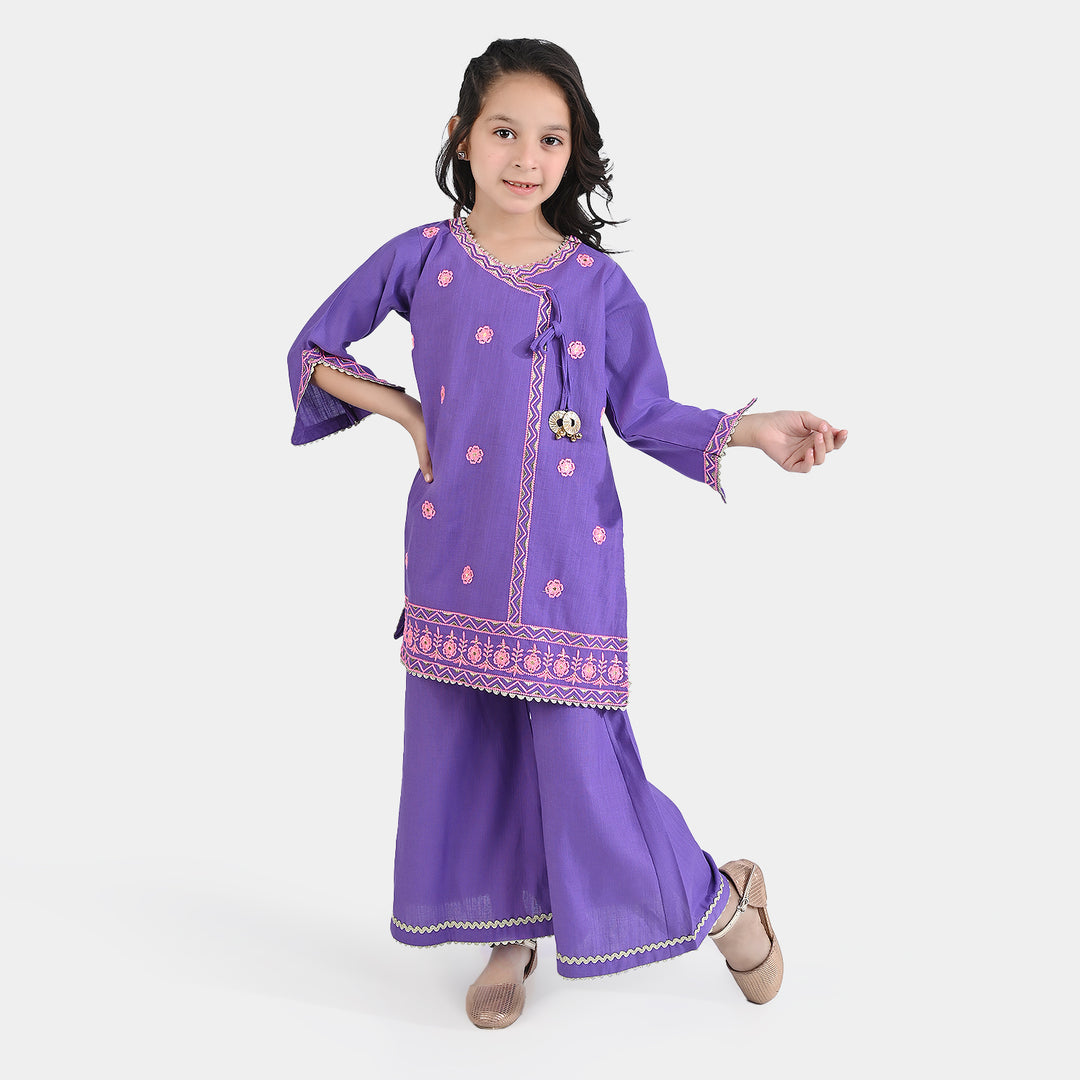 Girls Cotton Slub EMB 2PC Suit Dil Kush-Purple