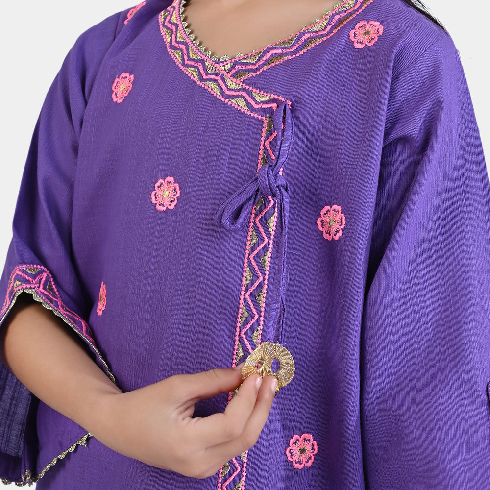 Girls Cotton Slub EMB 2PC Suit Dil Kush-Purple