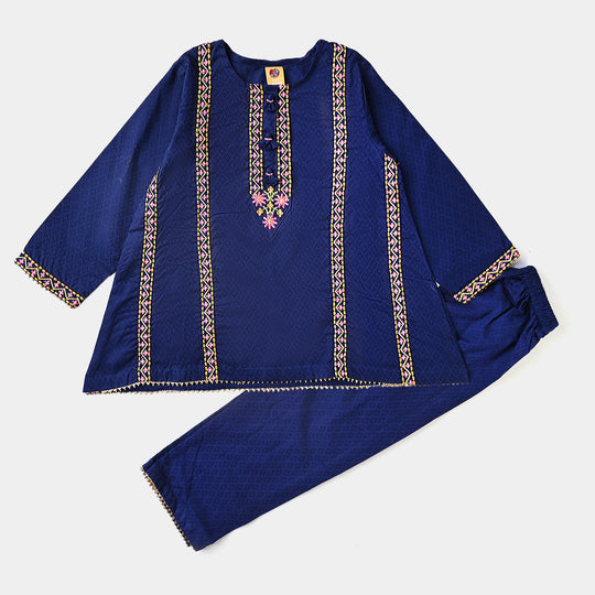 Girls Jacquard EMB 2PC Suit Sakoon-Navy Blue