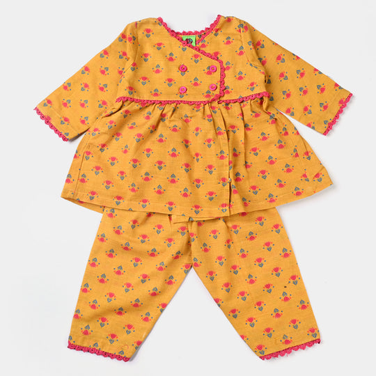 Infant Girls Cotton Slub Printed 2PC Suit  Chintz Floral-Mustard