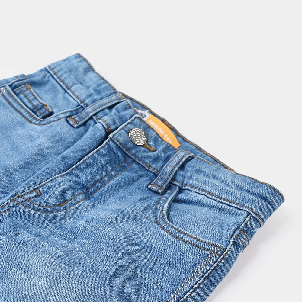 Girls Denim Stretch Pants (Studs One Side) - Mid Blue