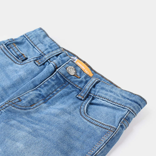 Girls Denim Stretch Pants (Studs One Side) - Mid Blue