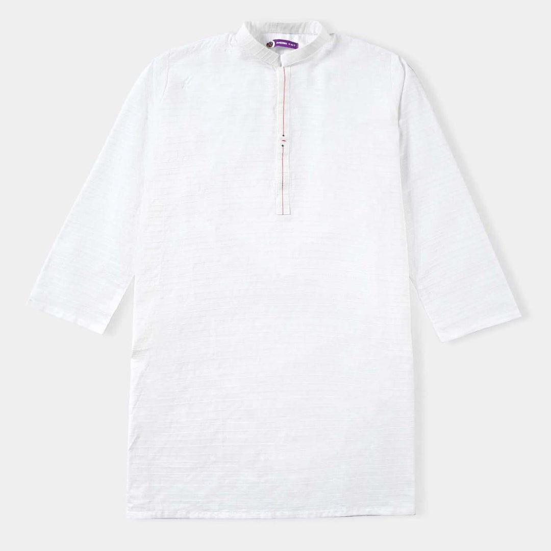 Boys Jacquard Embroidered Kurta-White