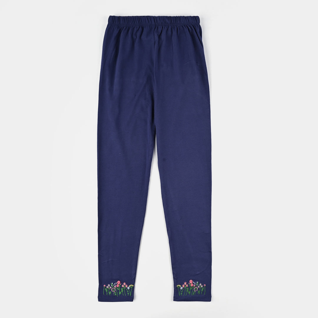 Girls Lycra Jersey Embroidered Tights - Navy Blue