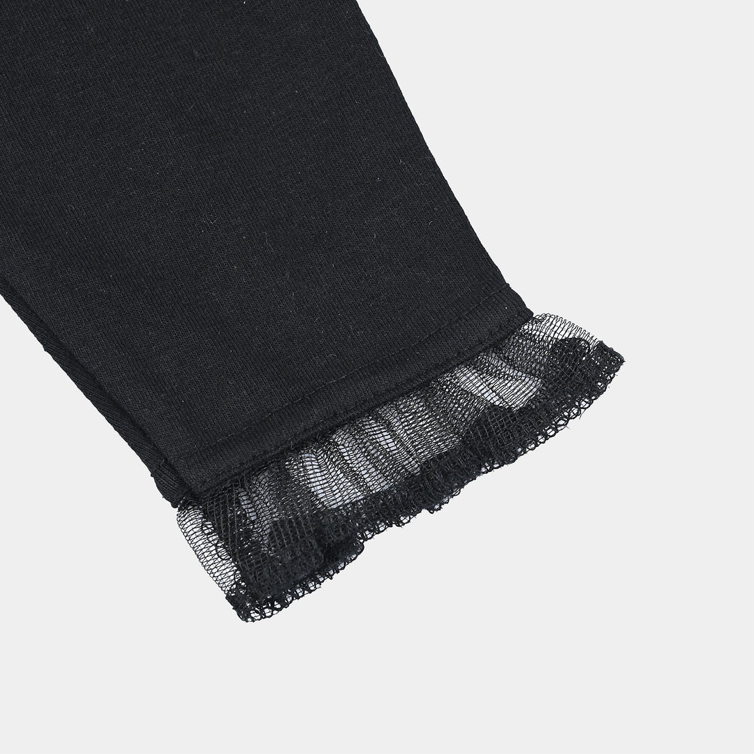 Infant Girls Lycra Jersey Embroidered Tights with Net Frill - Black
