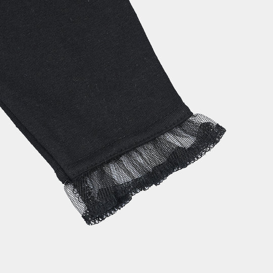 Infant Girls Lycra Jersey Embroidered Tights with Net Frill - Black