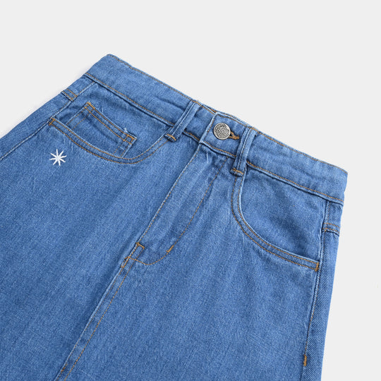 Girls Denim rigid Skirt Moon And Stars-Mid Blue