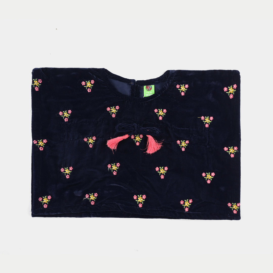Infant Girls Velvet Embroidered Top (Flowers) - Navy Blue