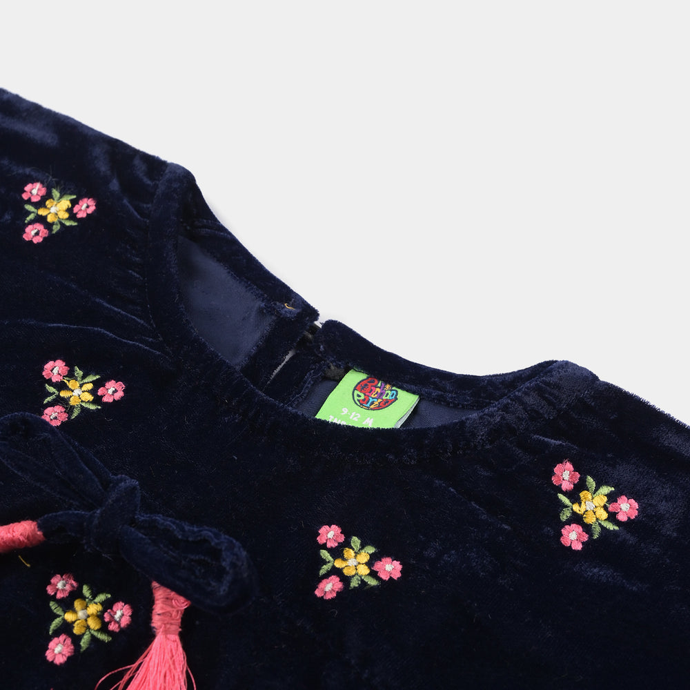 Infant Girls Velvet Embroidered Top (Flowers) - Navy Blue