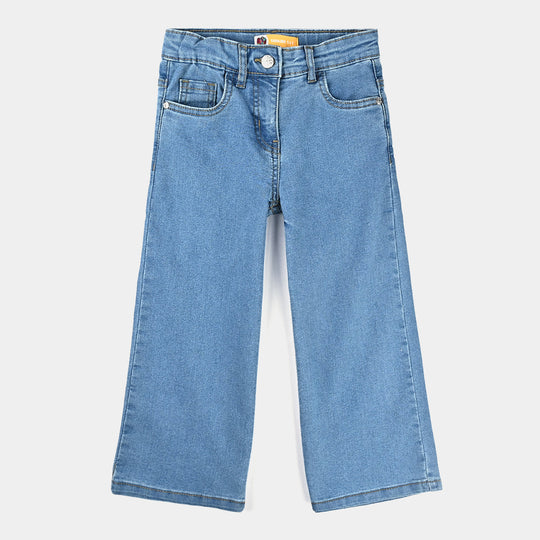 Girls Denim Stretch Pant Basic Wide Legs-Mid Blue