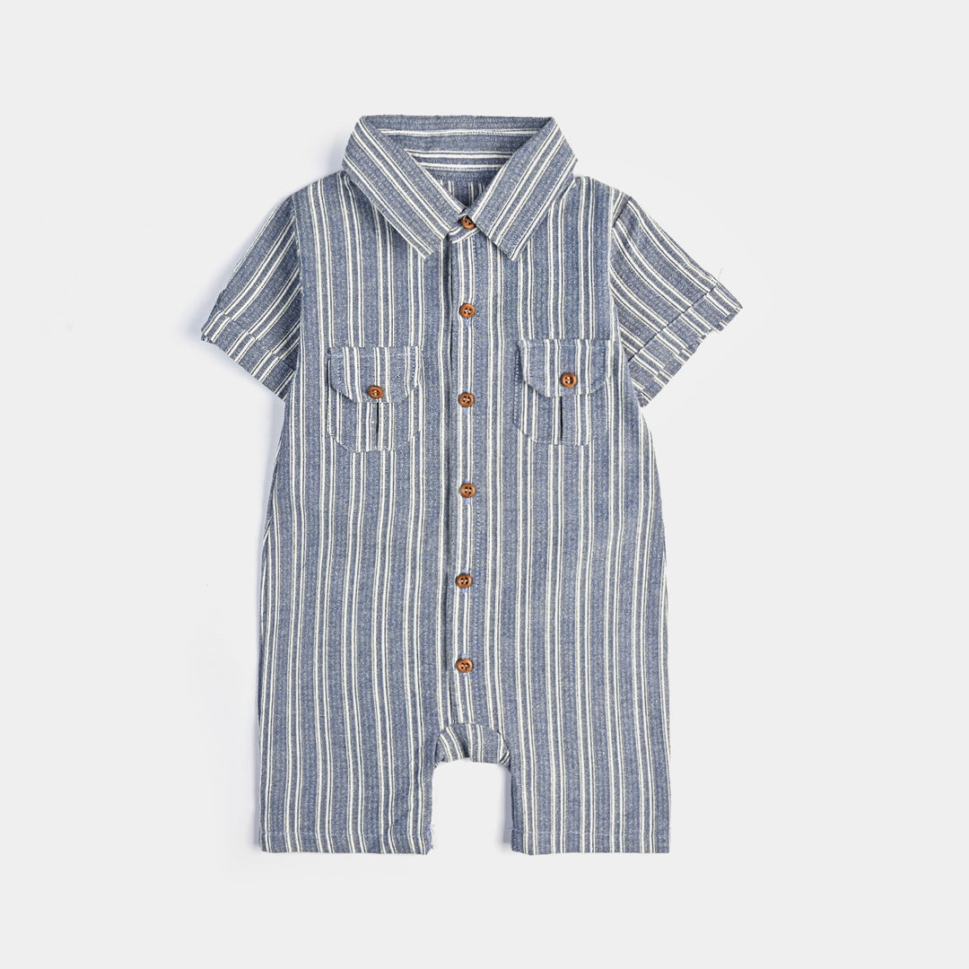 Infant Boys Yarn Dyed Woven Romper - Navy Stripe