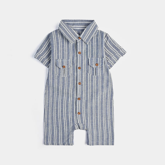 Infant Boys Yarn Dyed Woven Romper - Navy Stripe