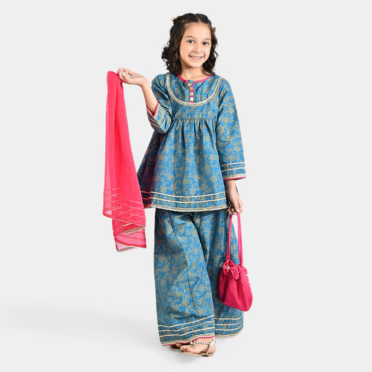 Girls Raw Silk 4Pcs Mumtaz - Teal blue