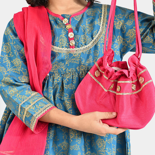 Girls Raw Silk 4Pcs Mumtaz - Teal blue