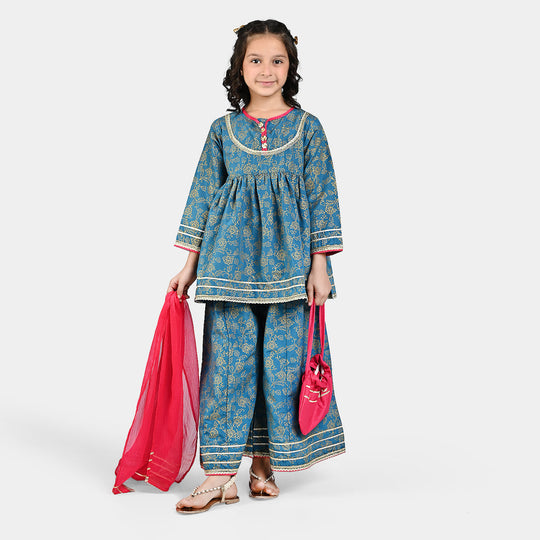 Girls Raw Silk 4Pcs Mumtaz - Teal blue