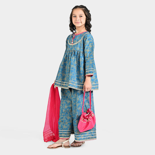 Girls Raw Silk 4Pcs Mumtaz - Teal blue