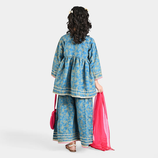 Girls Raw Silk 4Pcs Mumtaz - Teal blue